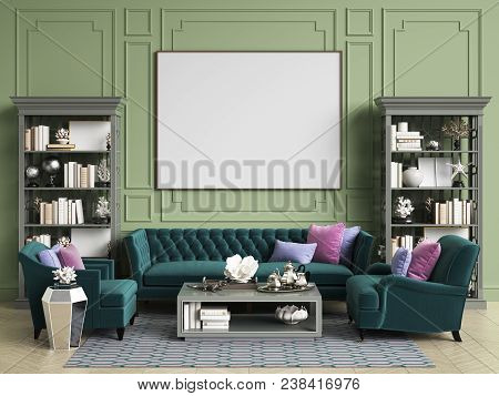 Classic Interior In Green Colors With Copy Space.sofa And Chairs In Blue And Pink Colors,sidetables 