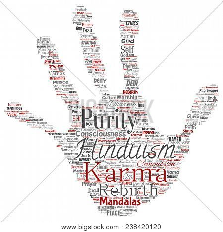 Conceptual hinduism, shiva, rama, yoga hand print stamp word cloud isolated background. Collage of mandalas, samsara, celebration, tradition, peace, compassion, rebirth, karma, dharma concept