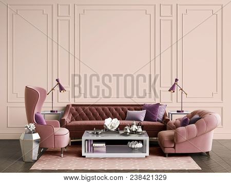 Classic Interior Room With Copy Space.sofa And Armchairs,sidetables With Lamps,table With Decor. Int