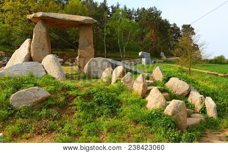 Ancient stone monument. Menhirs and dolmens near Tesovice. Famous place for every year rituals of fertility treatment.  Mysterious landmark in Czech Republic, Central Europe.