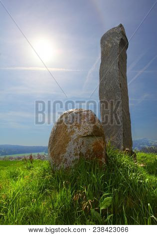 Ancient stone monument. Menhirs and dolmens near Tesovice. Famous place for every year rituals of fertility treatment.  Mysterious landmark in Czech Republic, Central Europe.