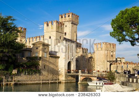 Sirmione, Italy - Circa Oct 2017: Rocca Scaligera Castle In Sirmione Near Garda Lake In Italy. Beaut