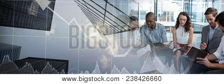 Business people having a meeting with financial stock charts sky scrapers skyscraper transition effe