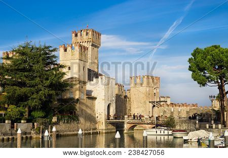 Sirmione, Italy - Circa Oct 2017: Rocca Scaligera Castle In Sirmione Near Garda Lake In Italy. Beaut