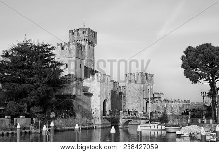 Sirmione, Italy - Circa Oct 2017: Rocca Scaligera Castle In Sirmione Near Garda Lake In Italy. Beaut
