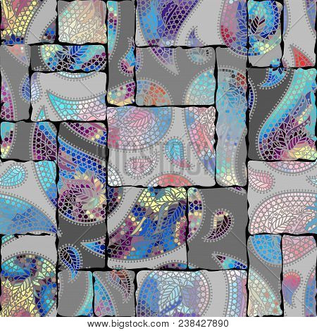 Seamless Background Pattern. Patchwork Pattern With Paisley Ornament Patterns. Ethnic Indian Style.