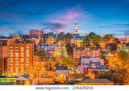 Macon, Georgia, USA downtown city skyline at dusk.