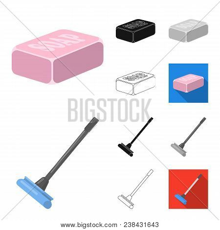 Cleaning And Maid Cartoon, Black, Flat, Monochrome, Outline Icons In Set Collection For Design. Equi
