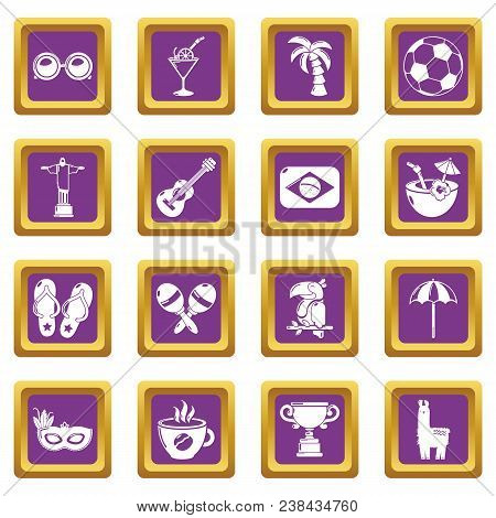 Travel Brazil Icons Set Vector Purple Square Isolated On White Background