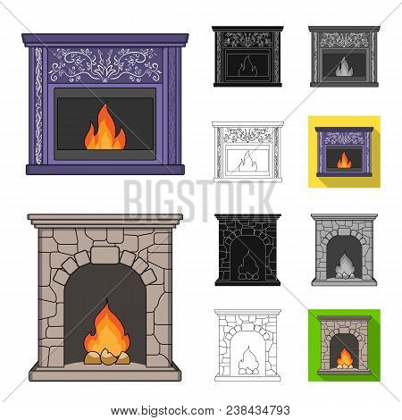 Different Kinds Of Fireplaces Cartoon, Black, Flat, Monochrome, Outline Icons In Set Collection For 