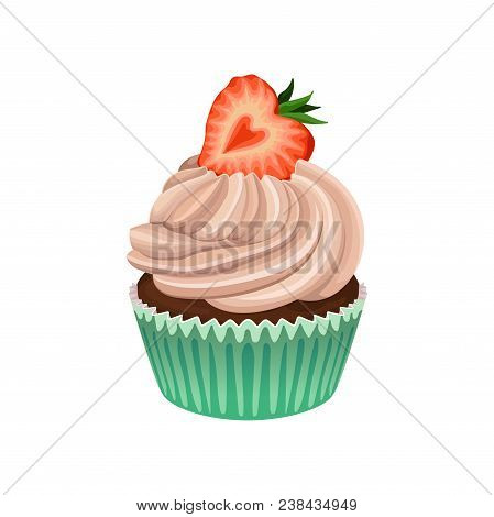 Cartoon Icon Of Muffin With Butter Cream And Strawberry On Top. Delicious Cupcake In Wrapper Baking 