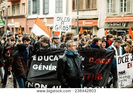 Strasbourg, France  - Mar 22, 2018: Large Group Of People At Demonstration Protest Against Macron Fr