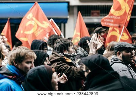 Strasbourg, France  - Mar 22, 2018: People Clapping Hand Making Noise At Demonstration Protest Again