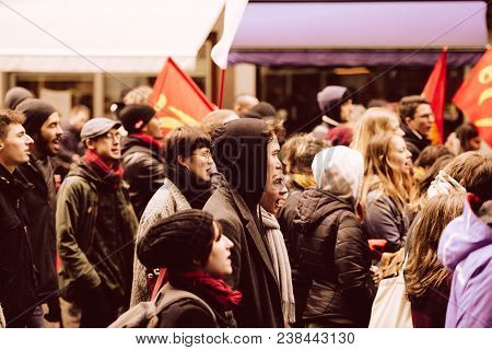Strasbourg, France  - Mar 22, 2018: Young People Yelling At Demonstration Protest Against Macron Fre