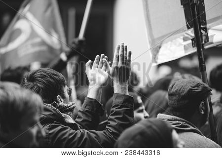 Strasbourg, France  - Mar 22, 2018: Making Noise Hands Demonstration Protest Against Macron French G