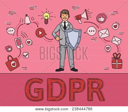 Smiling Man In Business Suit With A Shield Among Social Media And Internet Items. Personal Data. Gdp