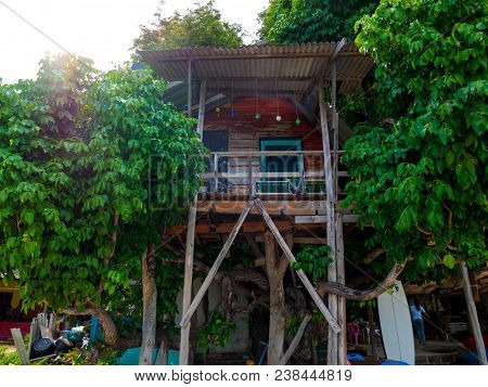 Wooden Tree House At The Beach With Green Leaves