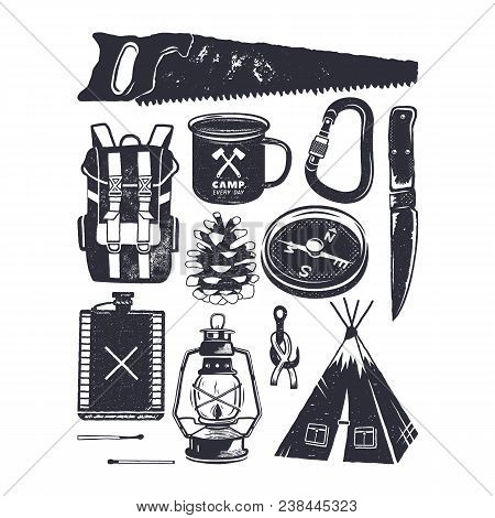 Vintage Hand Drawn Camping Symbols. Hiking Icons In Retro Monochrome Style. Silhouette Mountain Adve