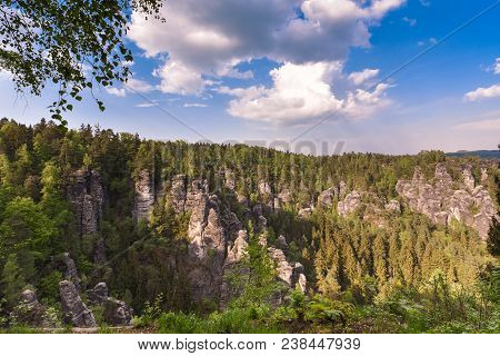 Bastei Rocks In Swiss Saxony, Around The Ruins Of Neurathen Castle. Germany In Summer