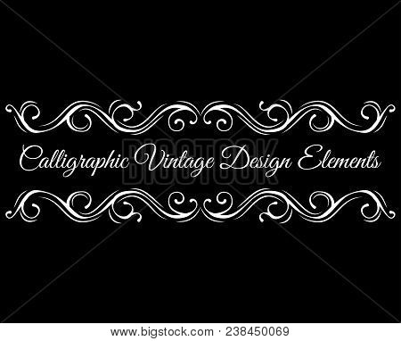 Calligraphic Design Elements. Flourish Swirls, Scroll Filigree Frame, Dage Divider. Vector Illustrat
