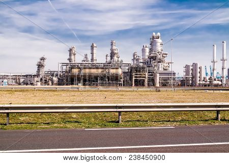 Rotterdam , Netherlands - April 20 2018 : Refinery Plant Of A Petrochemical Industry Producing At Eu