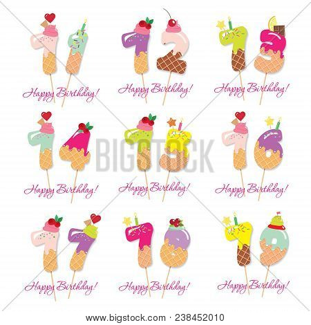 Birthday Card Set. Festive Sweet Numbers From 71 To 79. Coctail Straws. Funny Decorative Characters.