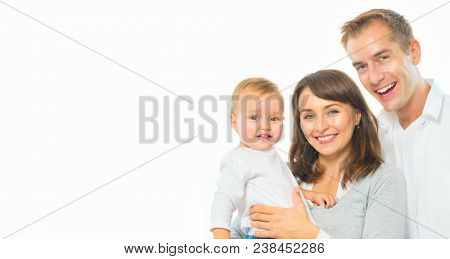 Happy Smiling Family Portrait isolated on White Background. Father and Mother with Little Baby Laughing together. Mom, dad and their child. Parents and Child, Healthy White Teeth. Parenthood concept
