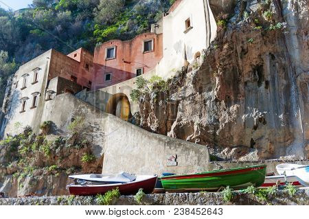 Fishermen Boats And Old Houses In Furore Village, Amalfi Coast, Italy, Europe