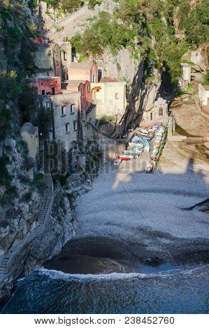 Furore Fiord Creek, Beach And Sea Scenic View, Amalfi Coast, Italy, Europe