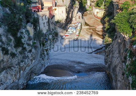 Furore, Amalfi Coast, Mediterranean Italy - View Of The Fiord And The Beach