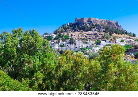 Medieval Fortress Around The Acropolis Of The City Of Lindos On The Island Of Rhodes