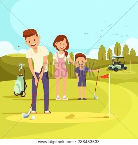 Illustration Of Happy Family On Golf Course Playing Golf. Vector Image. Family At Leisure.