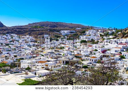 View Of The Ancient City Of Lindos On The Island Of Rhodes