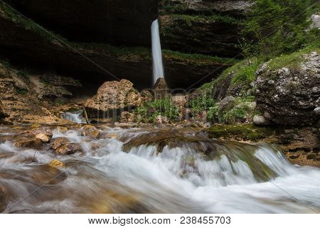 Upper Pericnik Waterfall In Slovenian Alps In Autumn, Triglav National Park.