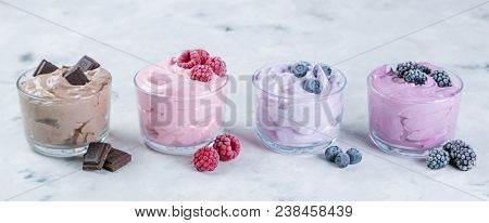 Healthy Vegan Dessert Concept - Smoothie Bowl Made Of Frozen Banana And Berries, Nicecream, Copy Spa