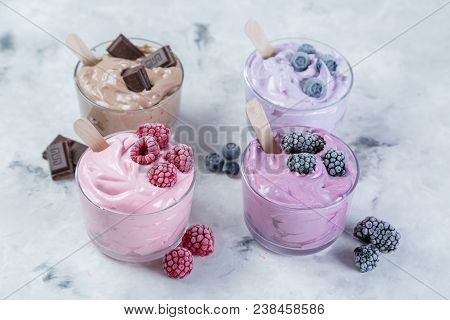 Healthy Vegan Dessert Concept - Smoothie Bowl Made Of Frozen Banana And Berries, Nicecream, Copy Spa