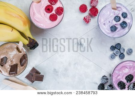 Healthy Vegan Dessert Concept - Smoothie Bowl Made Of Frozen Banana And Berries, Nicecream, Copy Spa