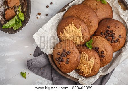 Vegan Aquafaba Peanut Butter Biscuits With Carob And Chocolate Drops. Healthy Vegan Food Concept.