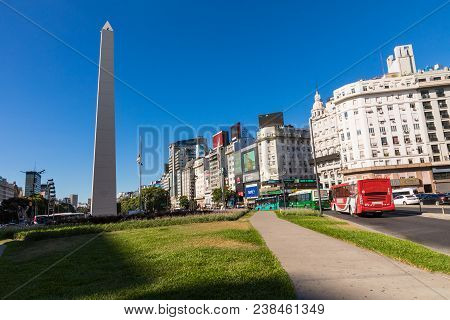 Buenos Aires, Argentina -  January 30, 2018: The Obelisk A Major Touristic Destination In Buenos Air