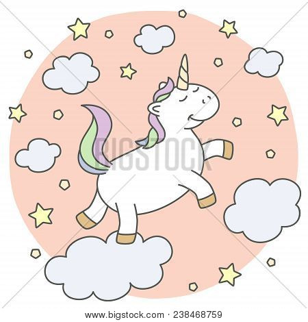 Cute Unicorn On The Clouds Among Stars