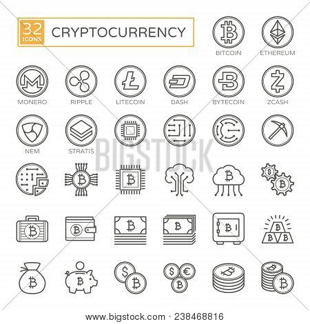 Cryptocurrency, Bitcoin, Blockchain - Minimal Thin Line Web Icon Set (32pc, Simple Outline Vector Ic