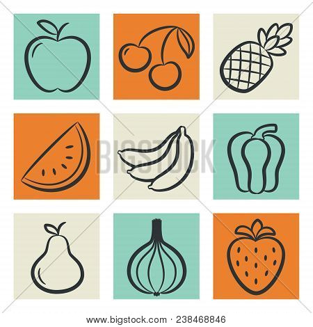 Icons Set Of Fruits And Vegetables - Apple, Cherry, Pineapple, Watermelon, Banana, Pepper, Pear, Oni