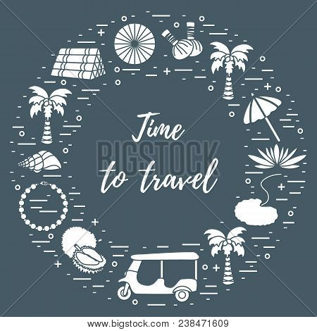 Vacation And Travel Elements Arranged In A Circle. Umbrella, Shell, Palm Tree, Lily, Tuk-tuk, Durian