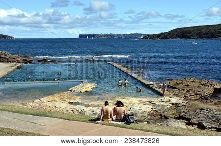 Sydney, Australia - Feb 4, 2018. People Enjoy The Cool Water In Fairlight Tidal Swimming Pool. Fairl