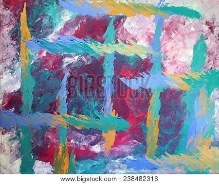 Acrylic Painting On Canvas Of Blue Green And Gold Palette Knife Strokes On Magenta And White Backgro