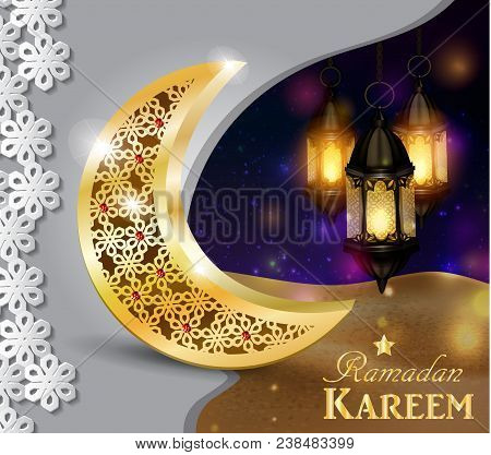 Ramadan Greetings Gold Moon On A Dark Background With Paper Ornament And Maroccan Lanterns