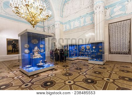 Saint Petersburg, Russia - March 16, 2018: People In Hall With Decorative Art In Hermitage Museum. T