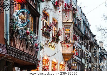 Strasbourg, France - December 11, 2011: Festive Decorated Street During Traditional Xmas Fair In Str