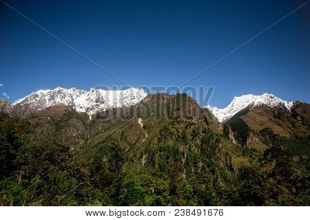 Image Of Mansiri Himal Range On The Annapurna Circuit Trek In Nepal. Scenery Views Of Snow Capped Pe