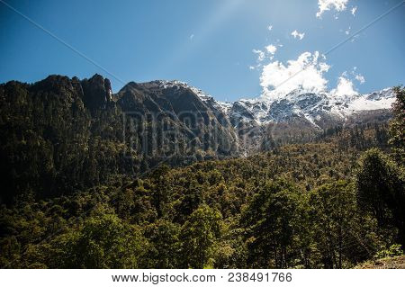 Image Of Mansiri Himal Range On The Annapurna Circuit Trek In Nepal. Scenery Views Of Snow Capped Pe